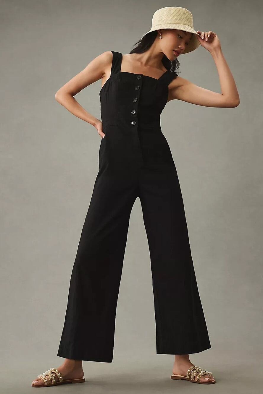 Anthropologie Maeve The Colette Portside Button Front Jumpsuit Black US 0 Wide L